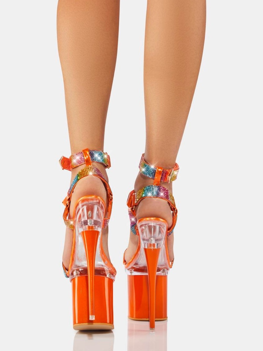 Golden Bulls | Sexy Rhinestone Orange & Rainbow Platform Stiletto Heels | 8 NIB - Picture 4 of 12
